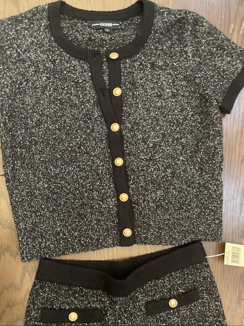 GUESS Black & Silver Tweed Two-Piece Short Set with Gold Buttons